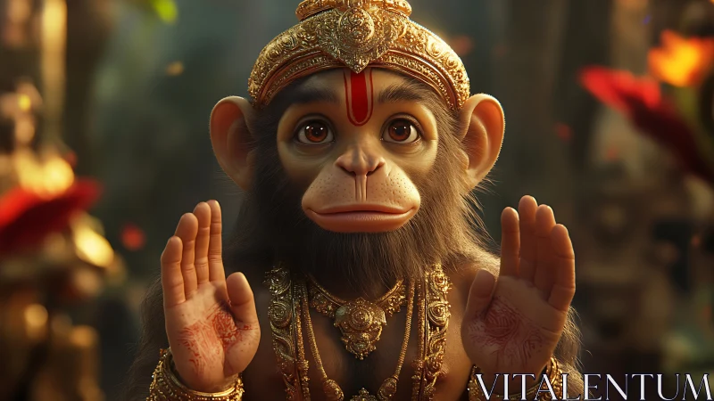 Highly detailed 3D render of young monkey deity with ornate regalia