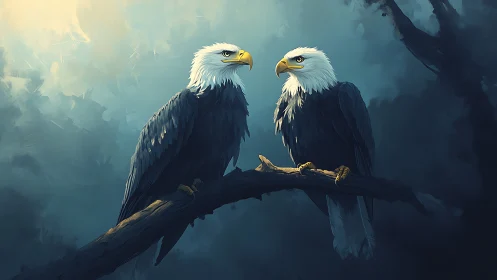 Two Bald Eagles on a Branch in Digital Painting Style.