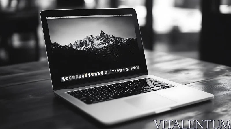 Monochrome aluminum laptop on wooden desk under soft bokeh lighting