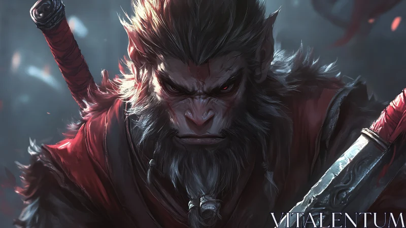 Ferocious warrior monkey with twin swords in dark mist