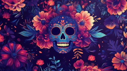 Decorated sugar skull centered in dense floral pattern.