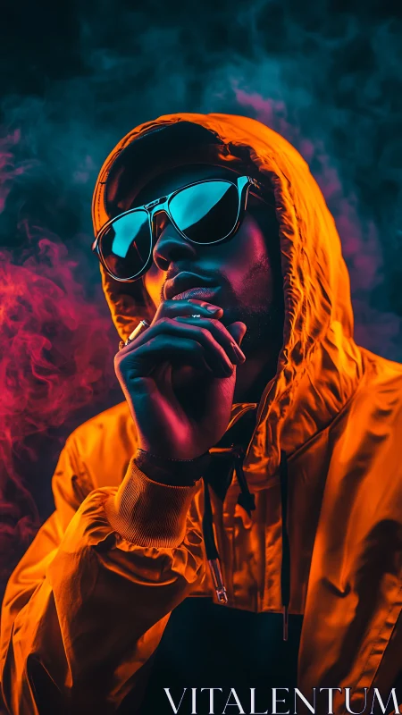 Neon-lit portrait in orange hooded jacket and dark shades.