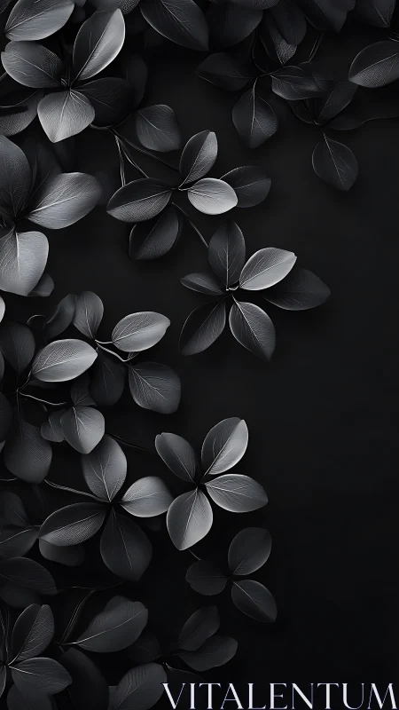 Monochrome foliage shows overlapping matte leaves on black