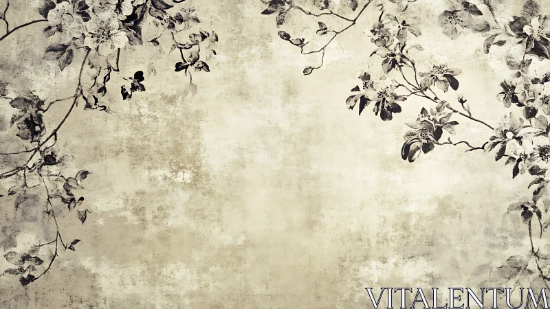 Vintage floral branches frame textured parchment field.