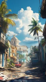 Sunlit tropical street welcomes quiet life beneath clouds