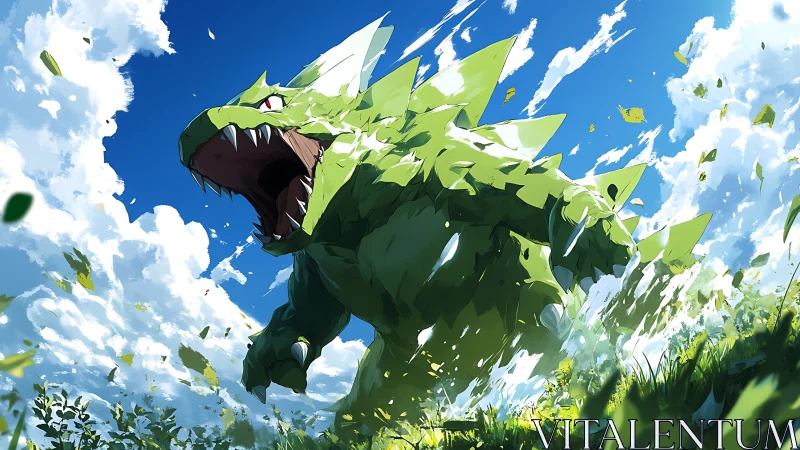 Colossal green dragon storms through windswept meadow skies.