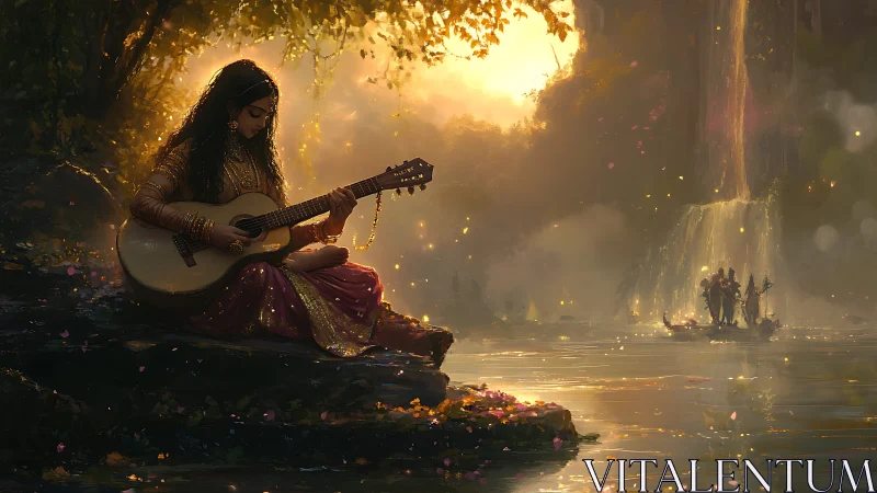 Luminous riverine tableau with guitarist in golden backlight.