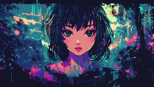Neon forest girl gazes calmly through a dreamy digital haze
