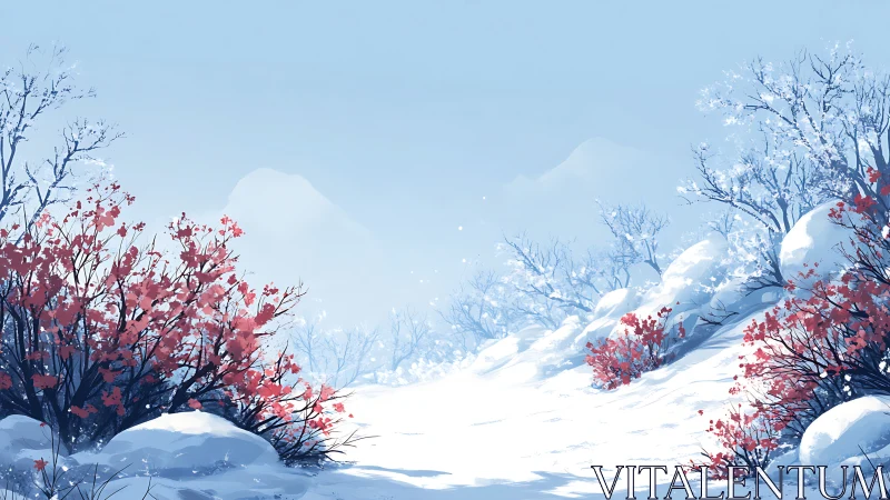 Snow-covered valley with red winter shrubs under pale sky