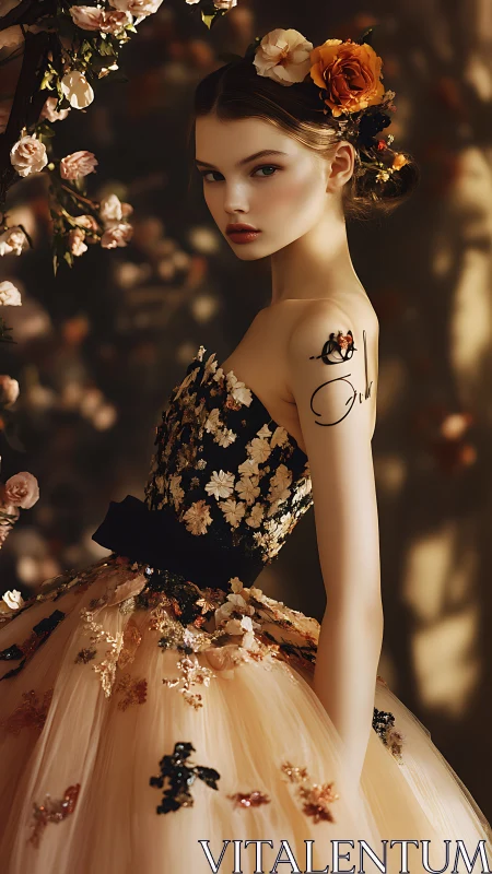 Enchanted floral muse stands poised in golden afternoon light