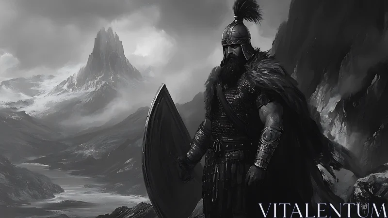 Armored warrior stands in monochrome alpine valley landscape