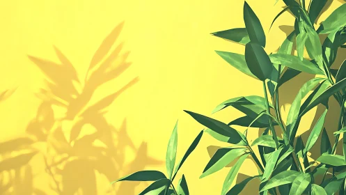 Tropical leaves cast crisp shadows on bold yellow wall.