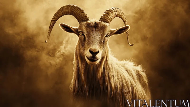 Horned goat portrait in golden atmospheric lighting.