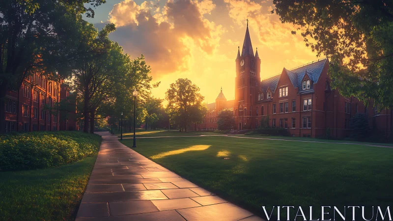 Digital painting of neo-gothic campus quad at golden hour light.