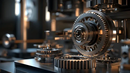Precision Engineered Metal Gears in Industrial Workshop, Photorealistic.
