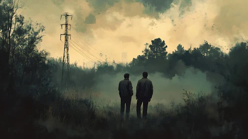 Two figures face misty field beneath charged evening sky.