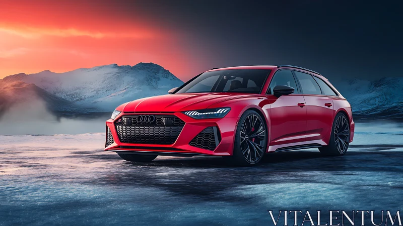 Photorealistic red sport wagon in cinematic arctic sunset scene.