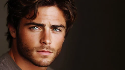 Intense blue-eyed male portrait under warm studio lighting.