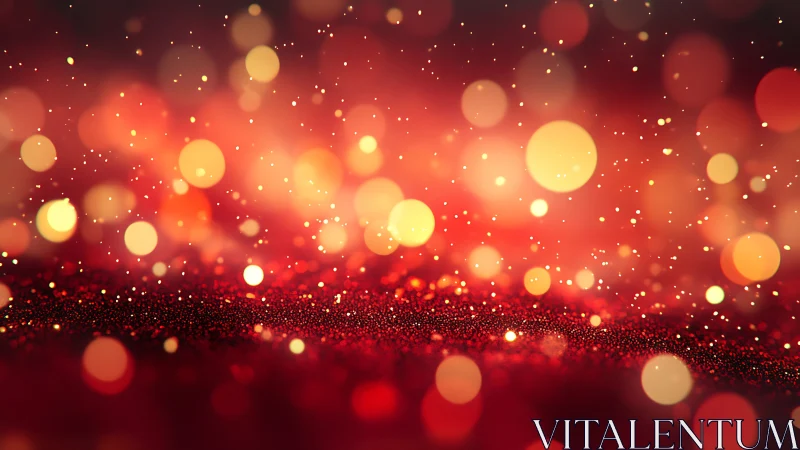 Molten ruby glitter sea under floating golden sparks.