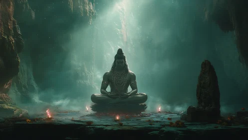 Meditating deity in luminous cavern with sacred stone shrine.