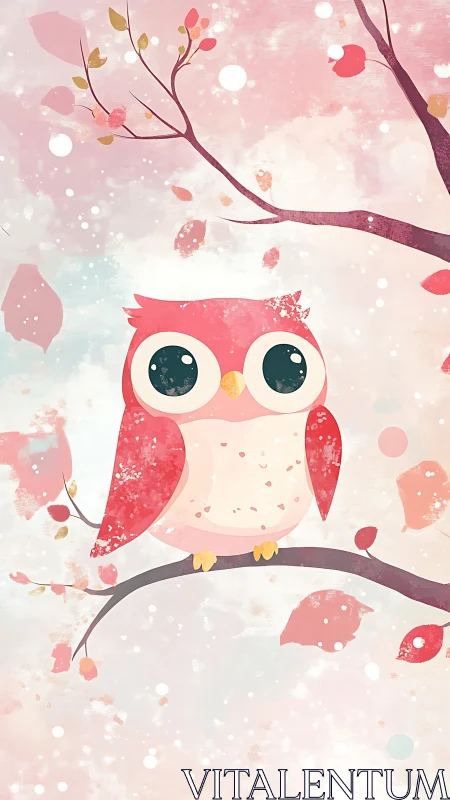 Pink cartoon owl perched on branch amid falling petals.