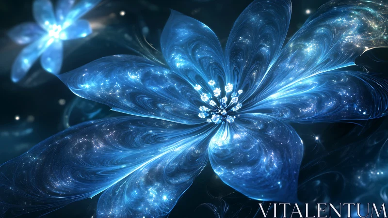 Luminous cosmic flower unfurls in deep sapphire starlight