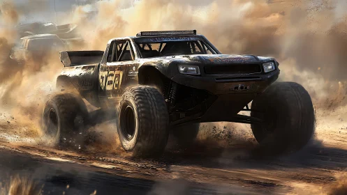 Off-road racing truck powers through dense drifting dust