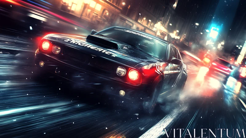 Black muscle car on wet city street at night in motion.