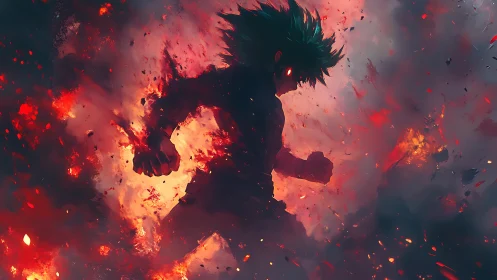 Explosive anime silhouette in incendiary atmospheric composition.