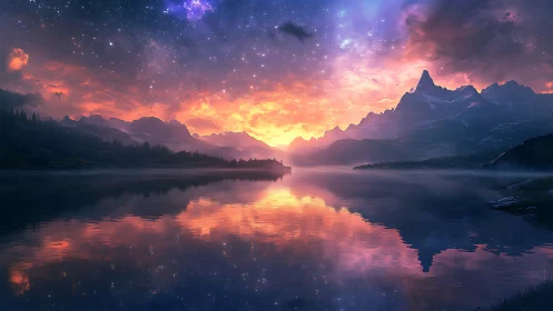 Mountain lake at dusk under vivid star-filled sky reflection.