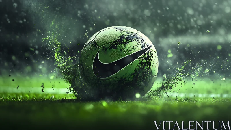 Nike football bursting through wet turf in vivid motion.