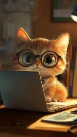 Orange tabby cat wearing eyeglasses positioned at desk.