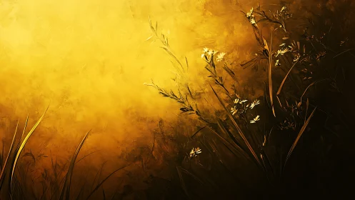 Golden backlit wildflowers emerge from a textured dusk field