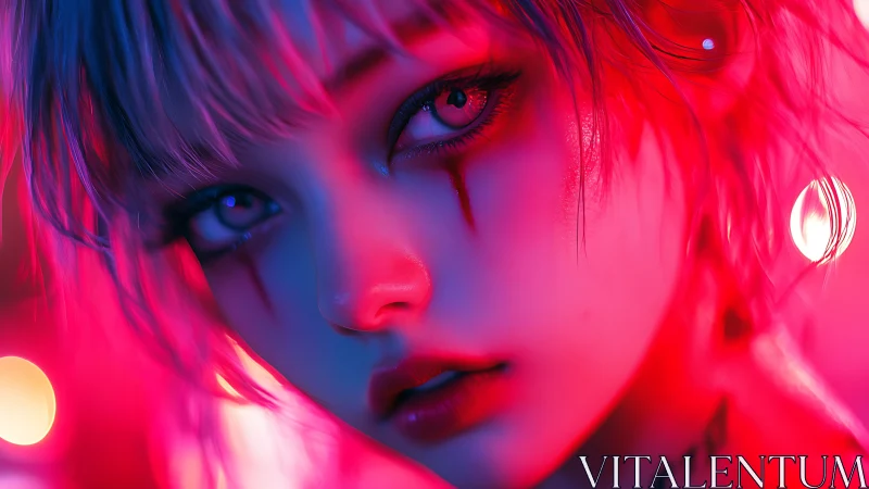 Neon-lit cyber portrait with wistful gaze and glowing tears.