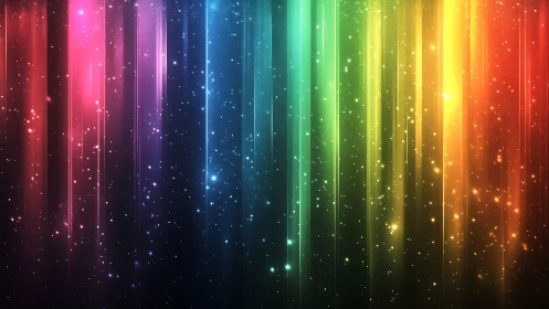 Vibrant vertical light spectrum with falling star particles.