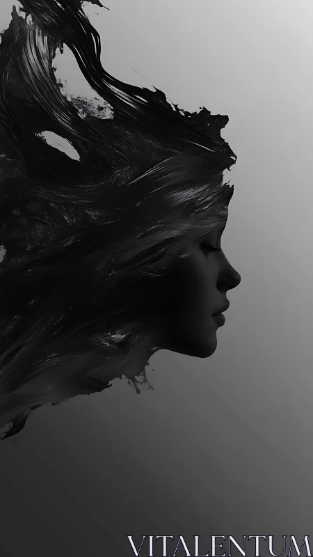 Silhouetted female profile dissolves into inky abstraction.