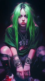 Green haired figure in streetwear with layered silver jewelry.