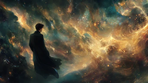Solitary cloaked figure observing swirling cosmic nebula.
