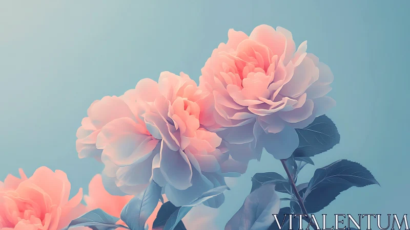 Soft Pink Peonies Against Blue Sky. Nature's Grace.