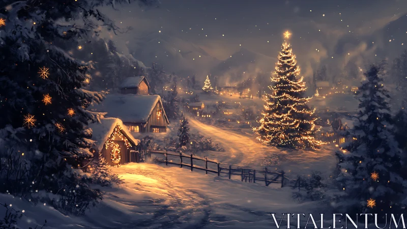 Snowy village glows under a peaceful starlit Christmas night