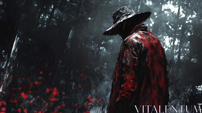 Red raincoat drifter under stormlit pines, half-shadowed silence.