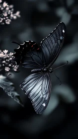 Black butterfly rests on small flowering plant in profile