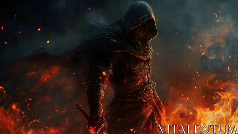Hooded armored warrior amid cinematic inferno embers glow