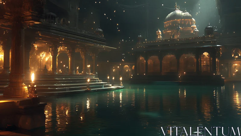 Golden temple courtyard by water under glowing lanterns