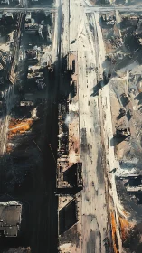 Aerial dystopian boulevard with decayed industrial blocks.
