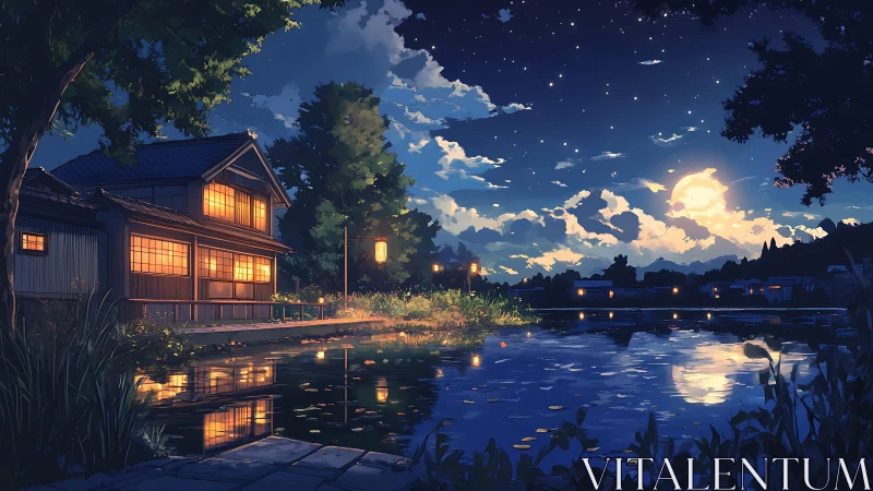 Moonlit riverside house balances warm lantern glow and starlit sky