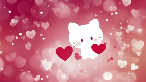 Adorable White Cat Surrounded by Love and Hearts.