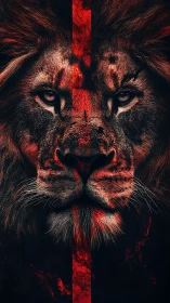 Lion portrait splits with red war mark and shadow contrast.