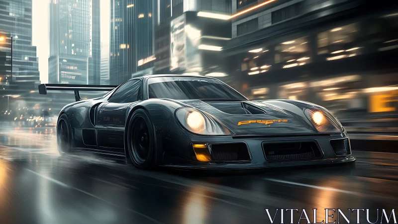 Midnight race car slices through neon city streets at speed.