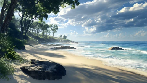 Dappled Sanctuary: Where Emerald Sentinels Meet Azure Shores.